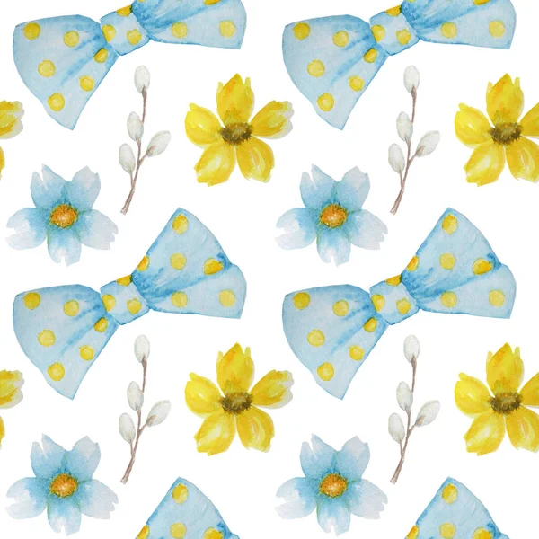 Απρόσκοπτη μοτίβο Πάσχα Όμορφα φωτεινά χρώματα ακουαρέλα λουλούδια. Άνοιξη Κίτρινο μπλε λουλούδι με πράσινο φύλλο, ιτιά σε λευκό φόντο. Σχεδιασμός για πρόσκληση, αφίσα, κάρτα, ύφασμα, υφή — Φωτογραφία Αρχείου
