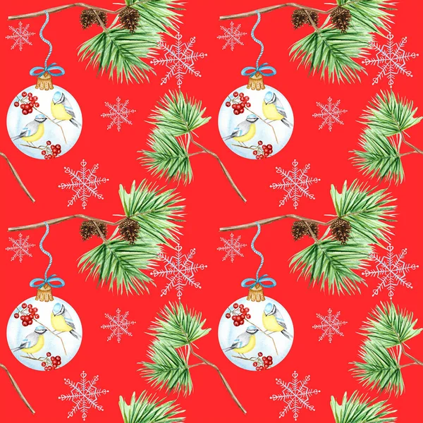 Бесшовный узор из веток и шишек сосны, Рождественский шар из стекла с красными ветвями рована, зимние птицы Голубая синица на красном фоне, акварельная рука, иллюстрация к сказке, текстура, бумага — стоковое фото