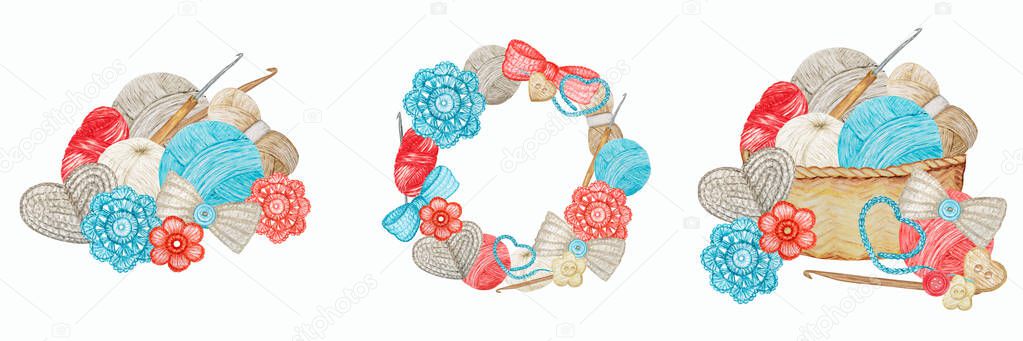 Blue red gray beige Crochet Shop Logotype set, Branding, Avatar composition of hooks, yarns, crocheted heart, bow, flowers. Illustration for handmade or Crocheting with Ball icons in wicker basket
