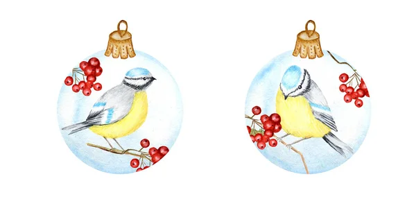 Watercolor Χριστουγεννιάτικη γυάλινη μπάλα σετ, από κόκκινα κλαδιά rowan, χειμερινό πουλί Μπλε βυζί. Χαιρετισμός πρότυπο σχεδιασμού καρτών με Tommit πουλιά. Κλασσικό στυλ. Πρωτοχρονιά έννοια απομονώνονται σε ένα λευκό φόντο — Φωτογραφία Αρχείου