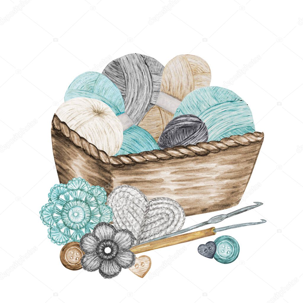 Scandinavian style Crochet Shop Logotype, Branding, Avatar composition of hooks, yarns, crocheted heart, bow, flowers. Hobby Logo. Blue gray beige Watercolor Illustration for handmade or Crocheting.