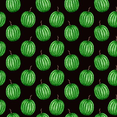 Karpuzsuz meyve desenleri, sulu boya el çizimi, taze sağlıklı yiyecekler, siyah arka planda doğal organik besin dokusu. Albüm kağıdı