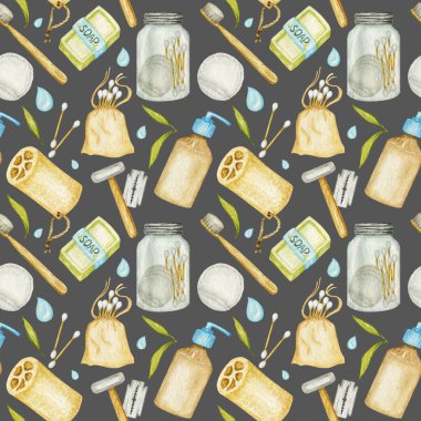 Sıfır atık banyo aksesuarları kusursuz desen. Doğal sisal fırça, bambu ahşap tarak, güvenlik jileti, sağlam sabun, şampuan çubukları, cam kapta yeniden kullanılabilir pamuk pedleri. Çevre dostu hijyen kavramı