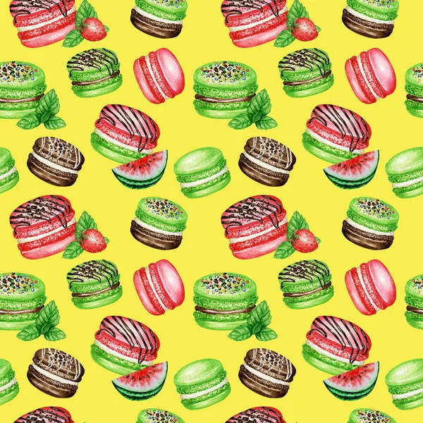 Mão desenhado aquarela francês macaron bolos sem costura padrão. Chocolate, baunilha, frutas Sobremesa de confeitaria no fundo amarelo biscoitos macaroons coloridos, melancia Morango hortelã textura de tecido doce — Fotografia de Stock