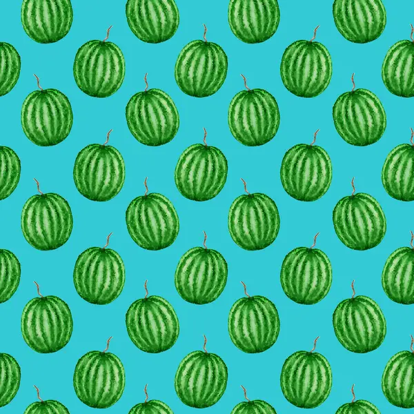 Watermeloen fruit naadloze patronen aquarel hand getekend illustratie, vers gezond voedsel - natuurlijke organische voedsel stof textuur op blauwe achtergrond. Papier van het scrapbook — Stockfoto