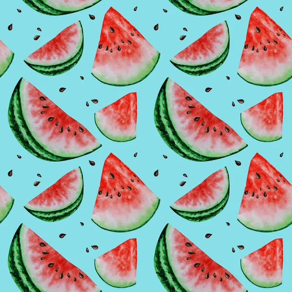 Wassermelone Scheibe Früchte nahtlose Muster Aquarell handgezeichnete Illustration, frische gesunde Lebensmittel - natürliche Bio-Textur Lebensmittel auf blauem Hintergrund. Sammelalbum — Stockfoto