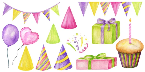 Happy Birthday Party Aquarell-Set. Bunte Bonbons, Cupcake, Luftballon, Geschenk, Konfetti, Stern, Faschingsmütze und Luftschlange. Grußkarte für Feiertage, Einladungskonzept. Isolierte Illustration — Stockfoto