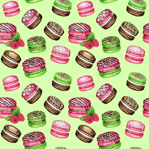 Handritade akvarell franska macaron kakor sömlös mönster. Choklad, Vanilj, frukt bakverk dessert på grön bakgrund färgglada makaroner kex, gröna mynta rosa hallon söt tyg konsistens — Stockfoto