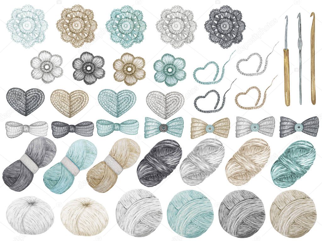 Crochet Shop concept of hooks, Ball of yarn, crocheted heart, bow, hook, flowers. Watercolor Hand drawn hobby Knitting and Crocheting on white background. Elements set scandinavian style clipart