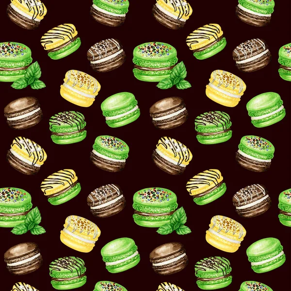 Acuarela dibujada a mano tortas macaron francés patrón sin costuras. Chocolate, vainilla, plátano, menta Postres de pastelería sobre fondo oscuro coloridas galletas macarrones textura de tela dulce, papel de álbum de recortes — Foto de Stock