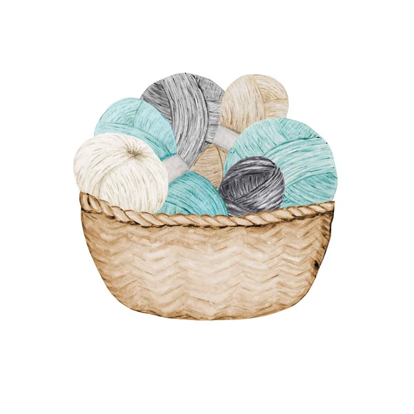 Crochet tricot Shop Logotype, Branding, Composition Avatar de boules de fils dans le panier en osier. Bleu gris beige Illustration pour la main Crochet icônes style vintage scandinave — Photo