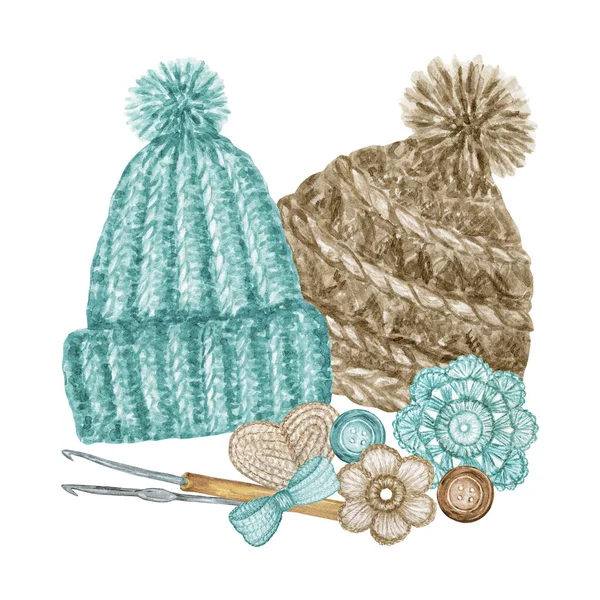 Style scandinave Crochet Shop Logotype, Branding, Composition Avatar de chapeaux, crochets, fils, coeur de bonneterie, arc, fleurs. Logo de passe-temps. Crochet à la main Bleu gris beige Aquarelle Illustration — Photo