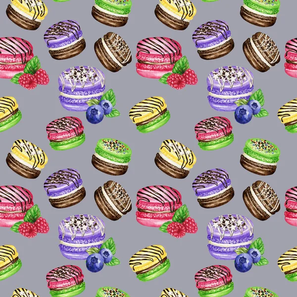 Handgezeichnete Aquarell Französisch Macaron Kuchen nahtlose Muster. Schokolade, Vanille, Früchte Gebäck Dessert auf grauem Hintergrund bunte Makronenkekse, Blueberry Himbeer Banana süße Textur — Stockfoto