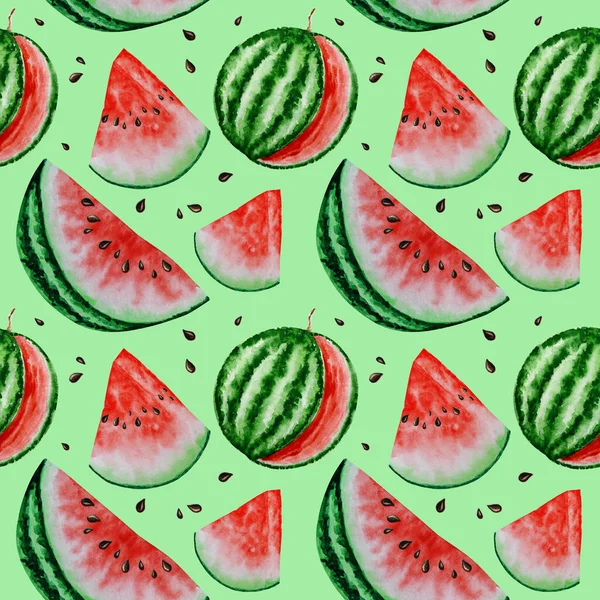 Görögdinnye szelet gyümölcs zökkenőmentes minták akvarell kézzel rajzolt illusztráció, friss egészséges élelmiszer - természetes bio élelmiszer szövet textúra zöld háttérrel. Fotóalbum-papír — Stock Fotó