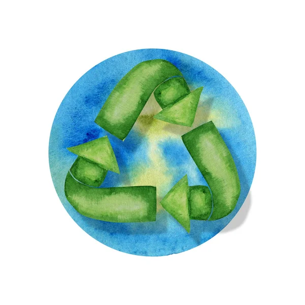 Πράσινο Ανακυκλωμένο εικονίδιο βέλη του κύκλου. Υδατογραφία χέρι ζωγραφισμένα εικόνα απομονώνονται στο φόντο της Γης. Έννοια οικολογικού σχεδιασμού. Ανακυκλωμένο οικολογικό μηδενικό τρόπο ζωής αποβλήτων. — Φωτογραφία Αρχείου