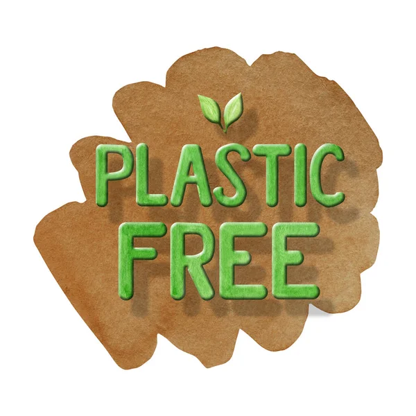 No Plastic free Green icon sign Watercolor hand drawn lettering illustration isolated on brown background. Ecological design. Recycled zero waste lifestyle. ECO friendly, Recycle Reuse Reduce concept — Stock Photo, Image