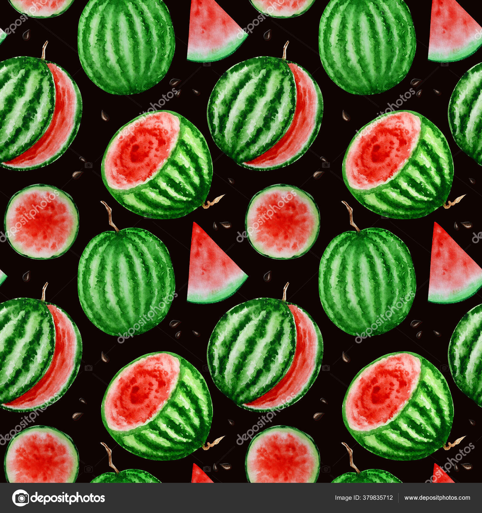 Sandía rebanada fruta patrones sin costura acuarela ilustración dibujada a  mano, alimentos frescos sanos - textura natural de la tela de alimentos  orgánicos sobre fondo negro. Papel de libro de recortes Ilustración, image size:1600x1700