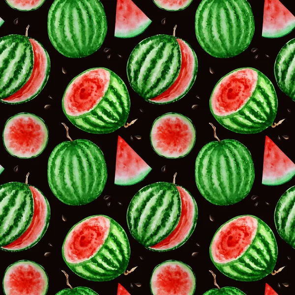 Görögdinnye szelet gyümölcs zökkenőmentes minták akvarell kézzel rajzolt illusztráció, friss egészséges élelmiszer - természetes bio élelmiszer szövet textúra fekete alapon. Fotóalbum-papír — Stock Fotó