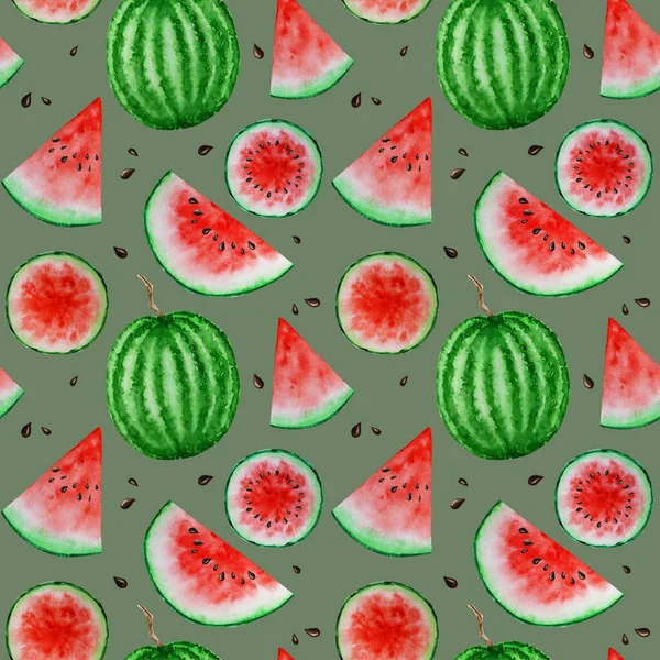 Wassermelone Scheibe Früchte nahtlose Muster Aquarell handgezeichnete Illustration, frische gesunde Lebensmittel - natürliche Bio-Textur Lebensmittel auf weißem Hintergrund. Sammelalbum — Stockfoto