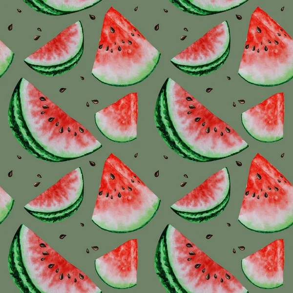 Sandía rebanada fruta patrones sin costura acuarela ilustración dibujada a mano, alimentos frescos sanos - textura natural de la tela de alimentos orgánicos sobre fondo verde. Papel de libro de recortes — Foto de Stock