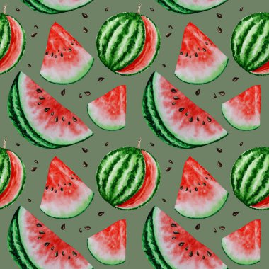 Karpuz dilimli meyvesiz desenler, sulu boya el çizimi, taze sağlıklı yiyecekler, yeşil arka planda doğal organik besin dokusu. Albüm kağıdı