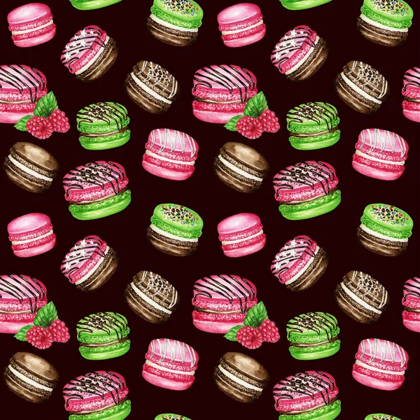Handritade akvarell franska macaron kakor sömlös mönster. Choklad, Vanilj, frukt Bakverk dessert på mörk bakgrund färgglada makaroner kex, gröna mynta rosa hallon söt tyg konsistens — Stockfoto