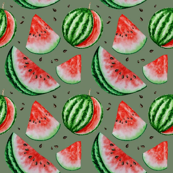 Wassermelone Scheibe Früchte nahtlose Muster Aquarell handgezeichnete Illustration, frische gesunde Lebensmittel - natürliche Bio-Textur Lebensmittel auf grünem Hintergrund. Sammelalbum — Stockfoto