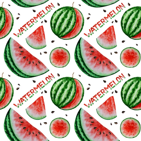 Watermeloen plak fruit naadloze patronen aquarel hand getekend illustratie, vers gezond voedsel - natuurlijke organische voedsel stof textuur op witte achtergrond. Papier van het scrapbook — Stockfoto