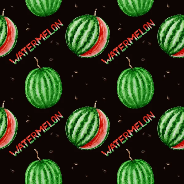 Wassermelone Früchte nahtlose Muster Aquarell handgezeichnete Illustration, frische gesunde Lebensmittel - natürliche Textur Bio-Lebensmittel auf schwarzem Hintergrund. Sammelalbum — Stockfoto