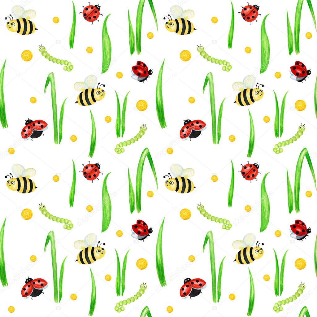 Watercolor Insects seamless pattern with fly ladybug, bee, caterpillar illustration. Hand drawn botanical grass herbs on white background. Yellow polka dot with green grass Wild botanical garden