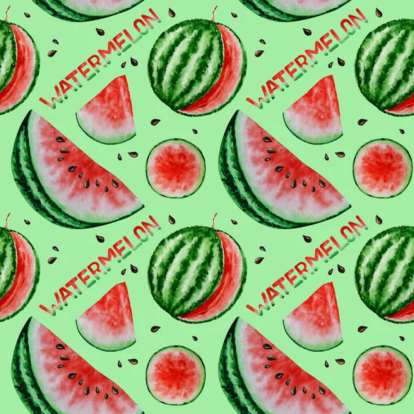 Watermeloen plak fruit naadloze patronen aquarel hand getekend illustratie, vers gezond voedsel - natuurlijke organische voedsel stof textuur op groene achtergrond. Papier van het scrapbook — Stockfoto