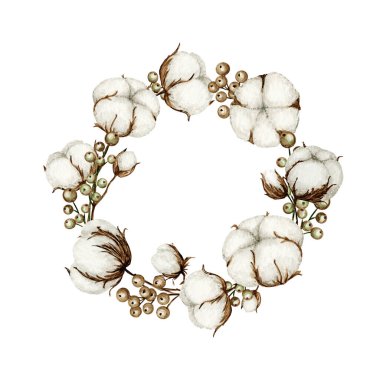 Suluboya pamuk çiçek dalları çerçevesi. Botanik El, Eko ürün illüstrasyonu çizdi. Pamuk çiçekleri topları klasik tarzda tomurcuklandırır. Yeşil yapraklar, bitkisel gülle doğa, kopyalama alanı ile eko yaşam tarzı sınırı