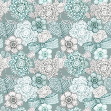 Suluboya desensiz hobi tığ işi kalp, yay, çiçek, kanca, mavi arka plandaki düğmeler. İskandinav tarzı. El koleksiyonu. Nane mavisi, gri örgü öbekleri.