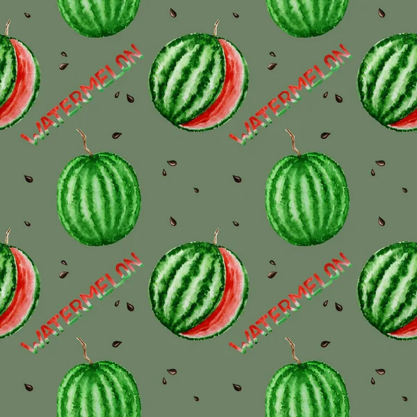 Watermeloen fruit naadloze patronen aquarel hand getekend illustratie, vers gezond voedsel - natuurlijke organische voedsel stof textuur op groene achtergrond. Papier van het scrapbook — Stockfoto