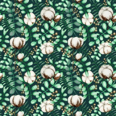 Suluboya pamuk çiçeğinin dalları pürüzsüzdür. Botanik El, Eko ürün illüstrasyonu çizdi. Pamuk topları klasik tarzda tomurcukluyor. Çiçek yeşili okaliptüs doğanın koyu renk kumaş dokusunu bırakır.
