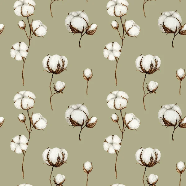 Watercolor cotton flower branches seamless pattern. Botanical Hand drawn Eco product illustration. Cotton flowers buds balls in vintage style. Plant ball nature fabric texture design