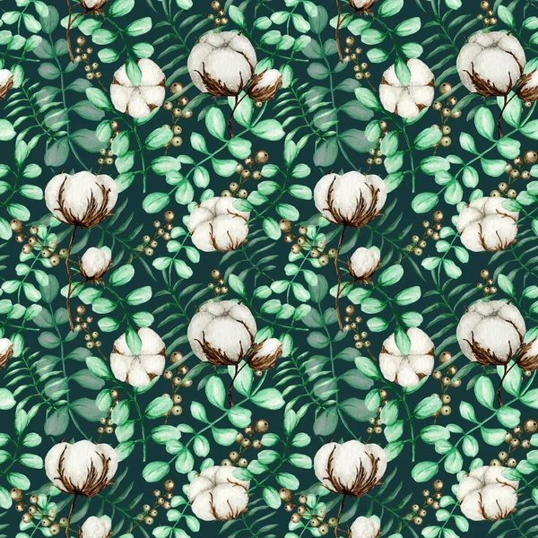 Aquarell Baumwollblütenzweige nahtloses Muster. Botanical Hand gezeichnete Eco Produkt Illustration. Wattestäbchen im Vintage-Stil. Floral Green Eucalyptus hinterlässt Natur dunklen Stoff Textur Design — Stockfoto