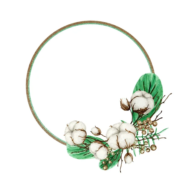 水彩綿の花ゴールドフレーム。植物手描きエコ結婚式のカードイラスト。綿の花はビンテージスタイルでボールを芽。緑の葉植物のボール自然ライフスタイルの境界線コピースペース — ストック写真