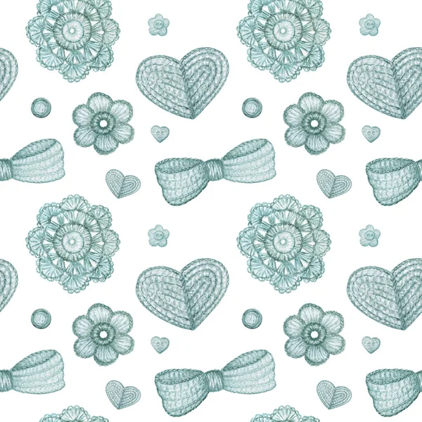 Watercolor Seamless pattern Hobby Crochet heart, bow, flower, hook, buttons on white background. Scandinavian style Collection of hand drawn mint blue, gray colors elements of Crocheting, knitting