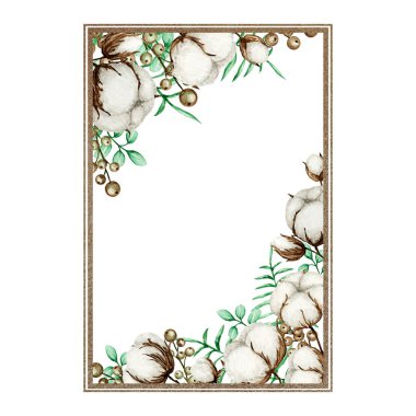 Pamuk çiçekli suluboya altın çerçeveli. Botanik El, Eko düğün kartı çizimi. Pamuk çiçekleri topları klasik tarzda tomurcuklandırır. Yeşil yapraklar bitkisel gülle doğa yaşam tarzı sınırını kopyalama alanı ile bırakır