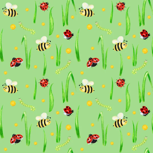Watercolor Insects seamless pattern with fly ladybug, bee, caterpillar illustration. Hand drawn botanical grass herbs on green background. Yellow polka dot with green grass Wild botanical garden