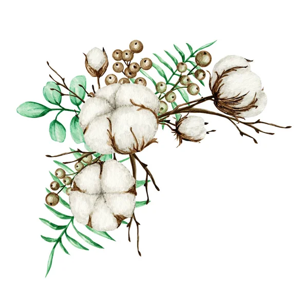 워터 컬러 면 프레임 부케. Botanical Hand 는 Eco 결혼 카드 삽화를 그렸다. 목화꽃은 빈티지 스타일로 꽃봉오리를 만든다. 녹색은 복사 공간 과 식물의 자연 생활 방식 경계를 남긴다 — 스톡 사진