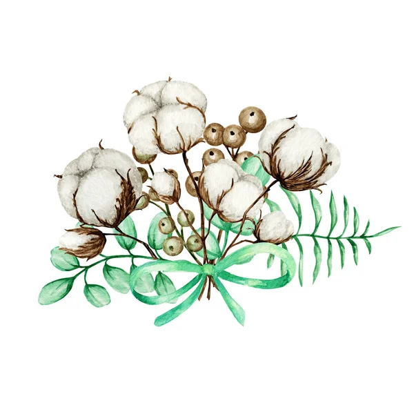 Akvarell pamut csokor. Botanikus kézzel rajzolt Eco esküvői kártya illusztráció. Cotton virágok bimbók golyók vintage stílusban. Zöld levelek Plant ball természet életmód határ másolási hely — Stock Fotó
