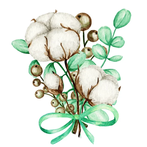 水彩の綿の花束。植物手描きエコ結婚式のカードイラスト。綿の花はビンテージスタイルでボールを芽。緑の葉植物のボール自然ライフスタイルの境界線コピースペース — ストック写真
