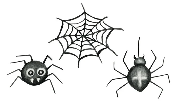 万圣节蜘蛛网和蜘蛛隔离水彩画白色背景的快乐万圣节贺卡，海报，横幅。有趣的卡通昆虫 — 图库照片