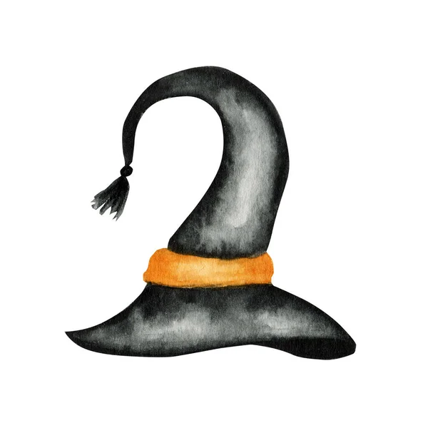 Chapeau de sorcière Halloween. Casquette magicien aquarelle noire avec ceinture orange. Symbole de fête d'Halloween Illustration isolée sur fond blanc — Photo