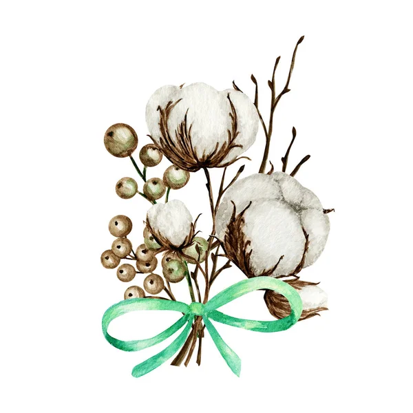 Watercolor cotton bouquet. Botanical Hand drawn Eco wedding card illustration. Cotton flowers buds balls in vintage style. Green leaves Plant ball nature lifestyle border with copy space