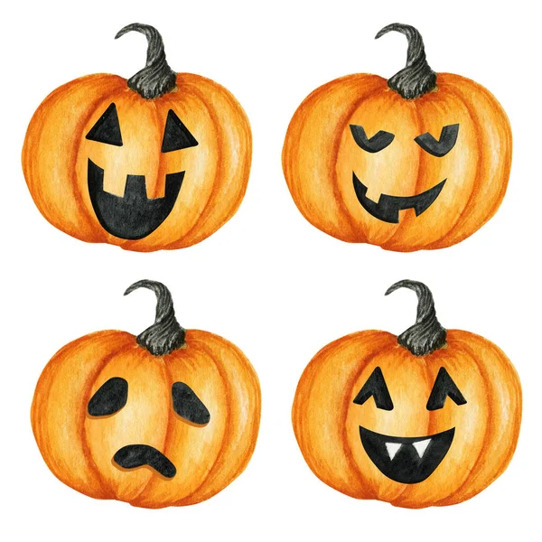 Set de calabaza espeluznante de Halloween Acuarela pintada a mano caras divertidas. Vacaciones de otoño — Foto de Stock