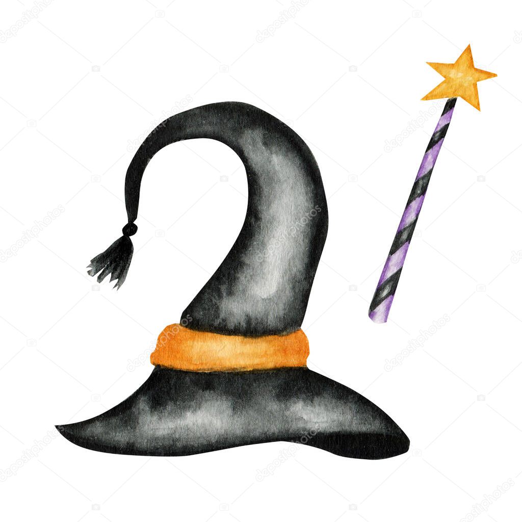 Halloween witch hat with Magic wand. Watercolor black wizard cap with orange belt. Symbol of Halloween party Isolated illustration on white background