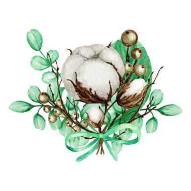 Pamuklu suluboya buket. Botanik El, Eko düğün kartı çizimi. Pamuk çiçekleri topları klasik tarzda tomurcuklandırır. Yeşil yapraklar bitkisel gülle doğa yaşam tarzı sınırını kopyalama alanı ile bırakır